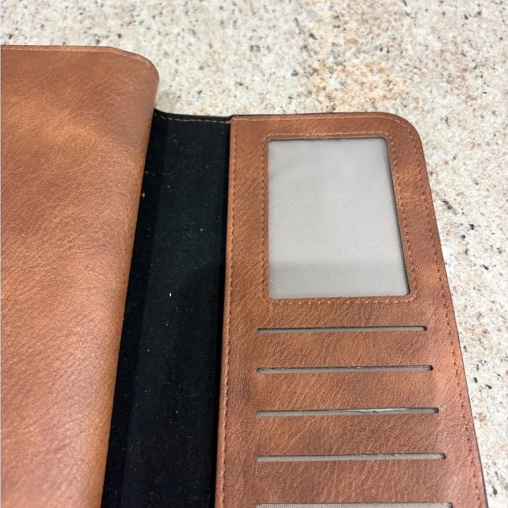Women's Tan Zip-Around Wallet Clutch with Snap Strap